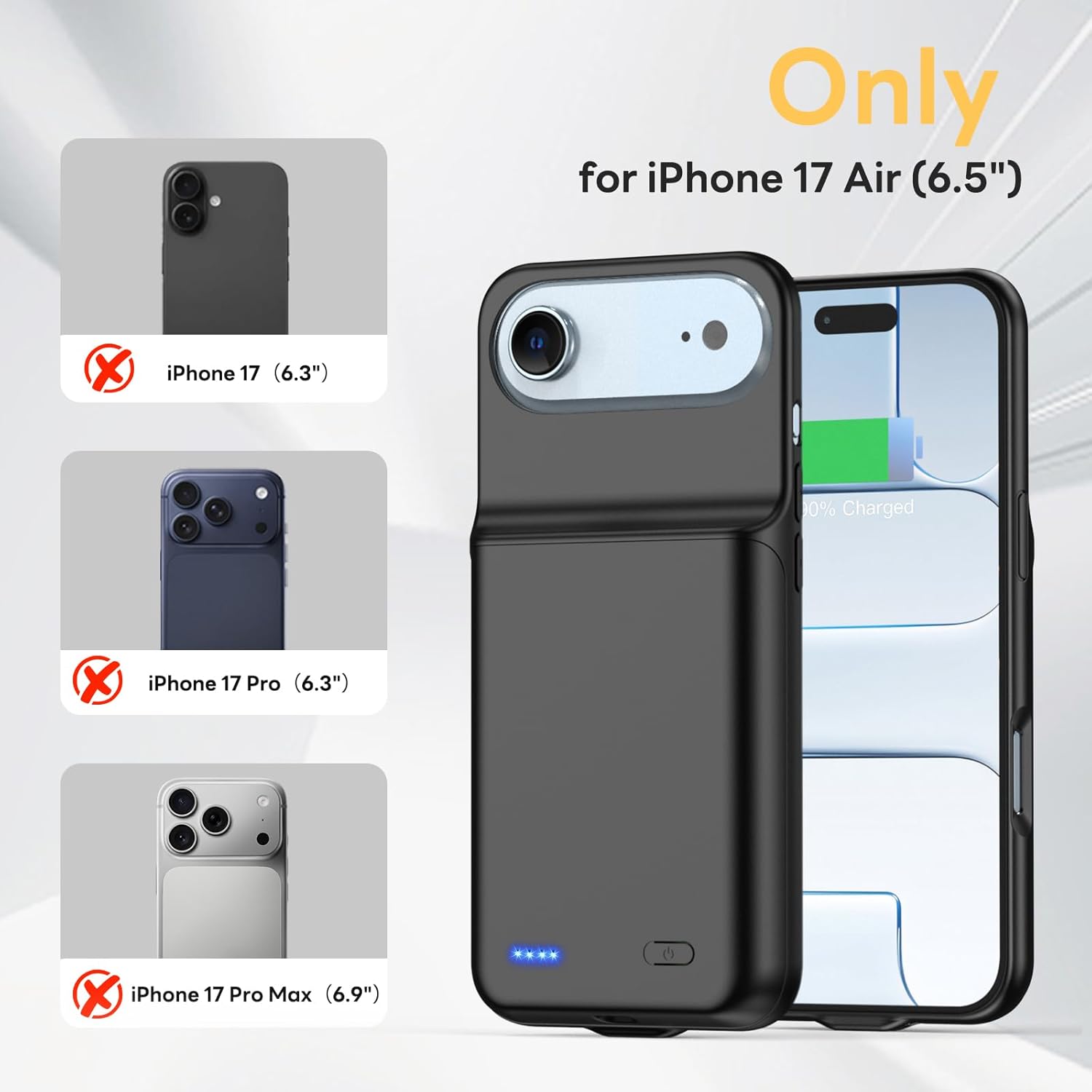 Battery Case for iPhone 17 AIR, Ultra-Slim 7000mAh Portable Extended Charging Charger Case Rechargeable Battery Pack with Tempered Glass Screen Protector for iPhone 17 AIR (6.5 inch)-Black