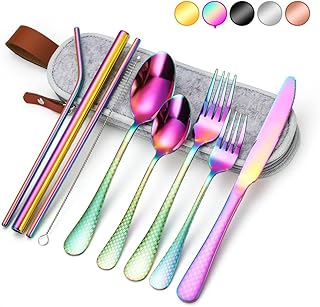 Camping Cutlery Set,10-Piece Including Knife Fork Spoon Cleaning Brush Straws Portable Case, Stainless Steel Flatware Camping Utensil Set for Outdoor Travel Picnic Office School Lunch Box