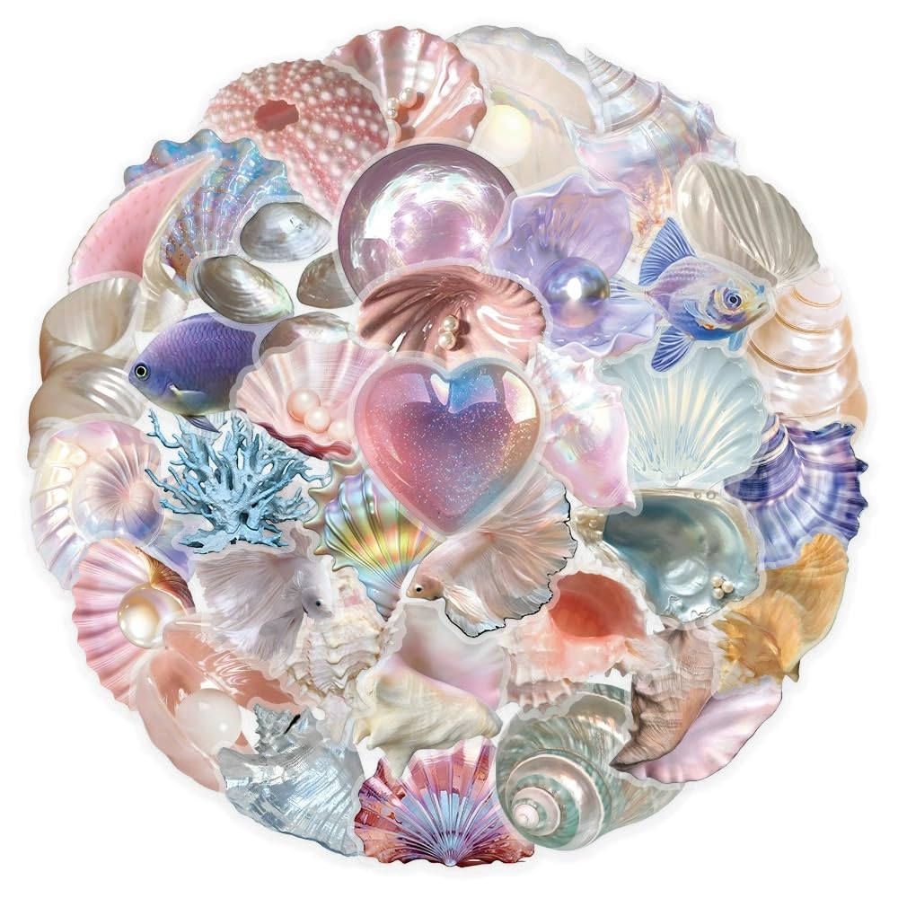 50 Pcs Shell Stickers Laptop Car Scrapbook Phone Skateboard Suitcase Luggage Bike Seashell Transparent Vinyl Waterproof Aesthetic Personalised Stickers for Teens Boys Girls Adults - Image 4