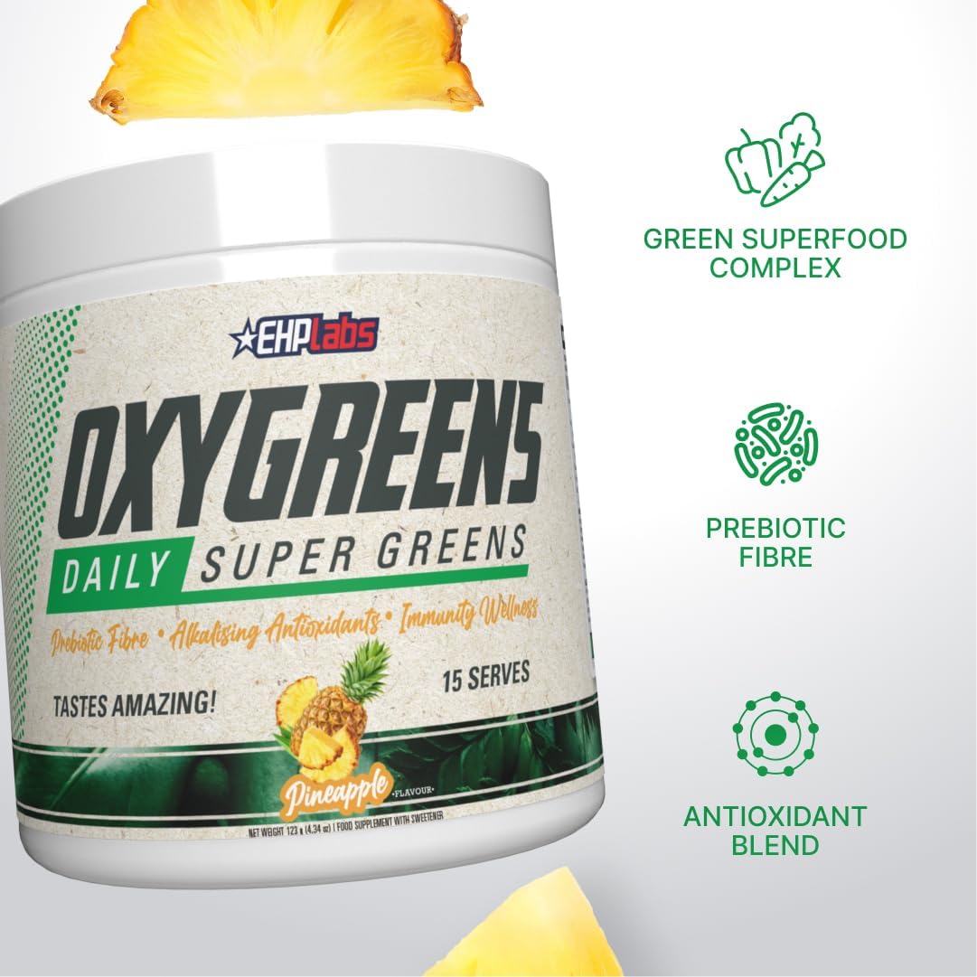EHP Labs OxyGreens Super Greens Powder with Spirulina & Chlorella, Prebiotic Fiber, Probiotics & Digestive Enzymes – Antioxidant Green Superfood Supplement - 15 Serves (Pineapple) - Image 3