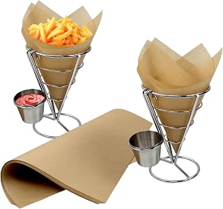 2 Piece French Fry Holder French Cone French Fries Wire Basket with Sauce Cups Metal Wire French Fry Holder with 200 Delicatessen Greaseproof Paper for Holiday Parties, Celebrations