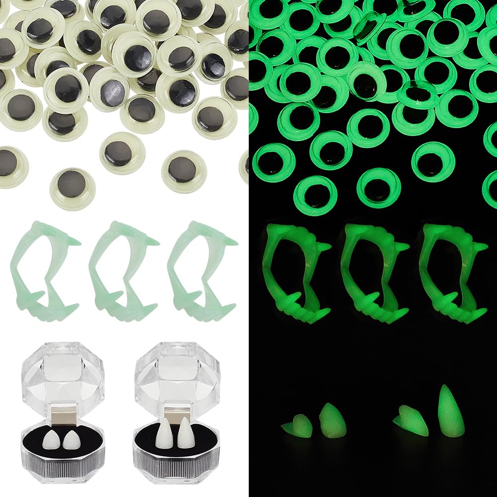AHANDMAKER 25Pcs Glow in The Dark Vampire Teeth, 2 Pairs Vampire Fangs Cosplay Dentures Halloween, Halloween Tricks Glow in The Dark Eyes for Halloween Decoration Halloween or Masquerade Parties