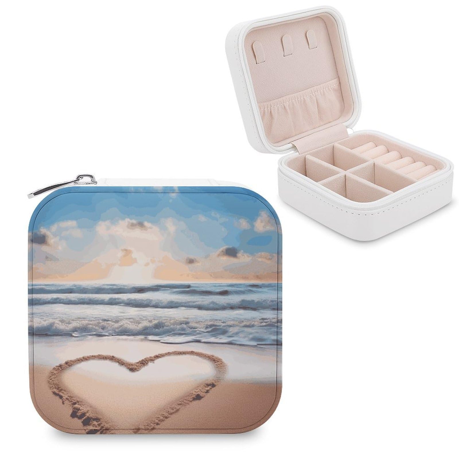JTREHY Travel Heart Shape Romantic Beach Jewelry Case Portable Display Storage Box PU Leather Mini Jewelry Travel Case Personalized Travel Jewelry Organizer Small Jewelry Box for Women