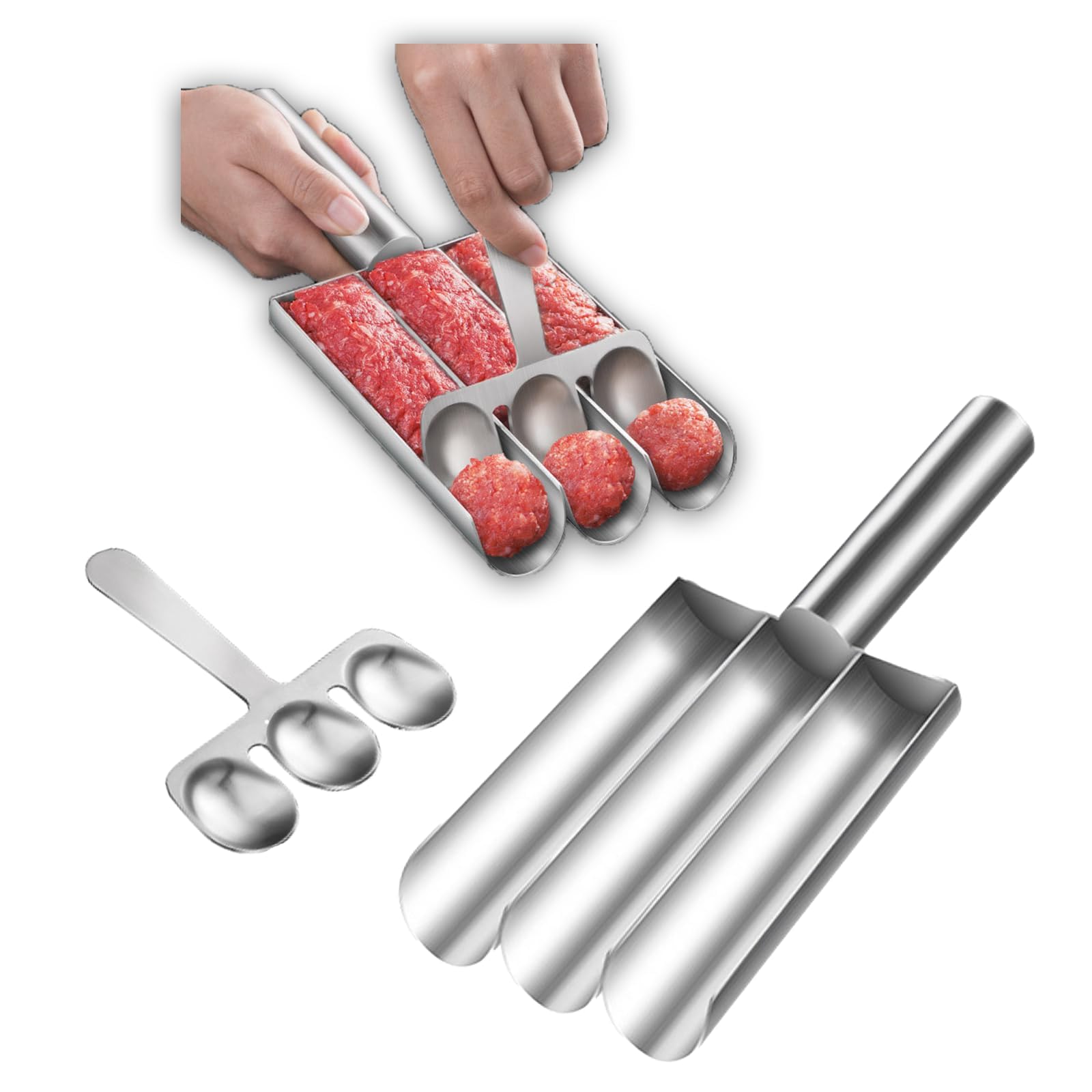 Meatball Scoop Ball Maker, Creative Kitchen Triple Meatball Maker, 304 Stainless Steel Non-Stick Meat Baller Maker with Cutting Spade