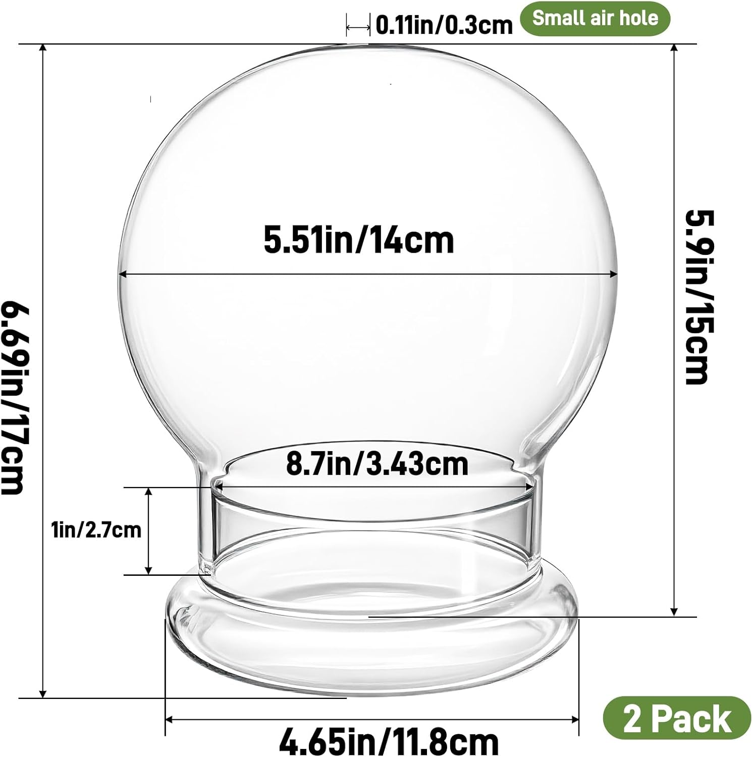 2 Pack Round Glass Cloche Domes with Air Hole and Base, 4.6 X 6.6 Inches Clear Terrarium Planter, Cloche Planters, Terrarium Bell Jar, Humidity Dome for Plants, Borosilicate Glass