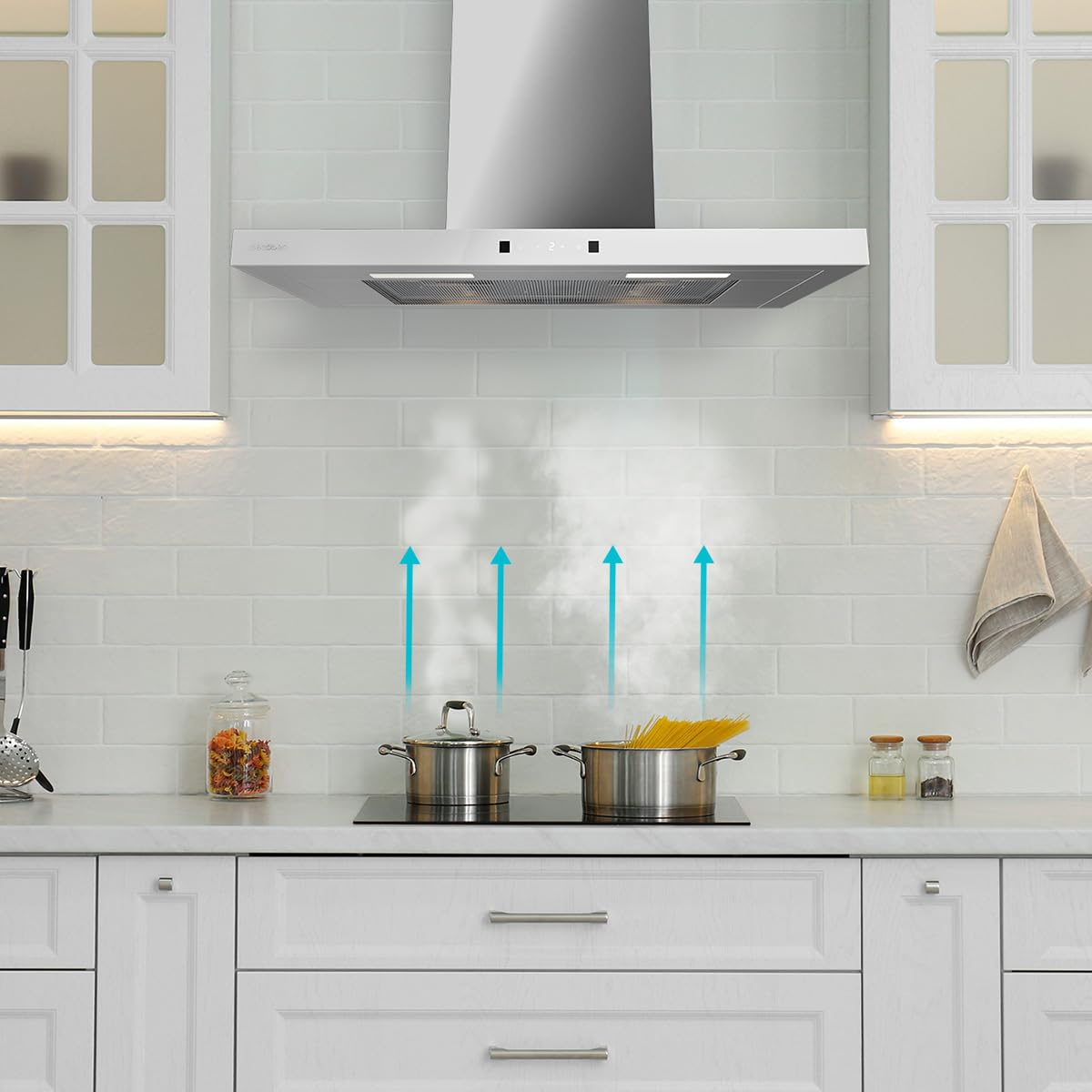 Cecotec Cappa Aspirante a T Bolero Flux TT 704400 Inox A++, 70cm, 413,3m³/h Aspirazione, Classe A++, Controllo Touch Invisibile, Hand Movement Control, Funzione Booster, Filtri Lavabili