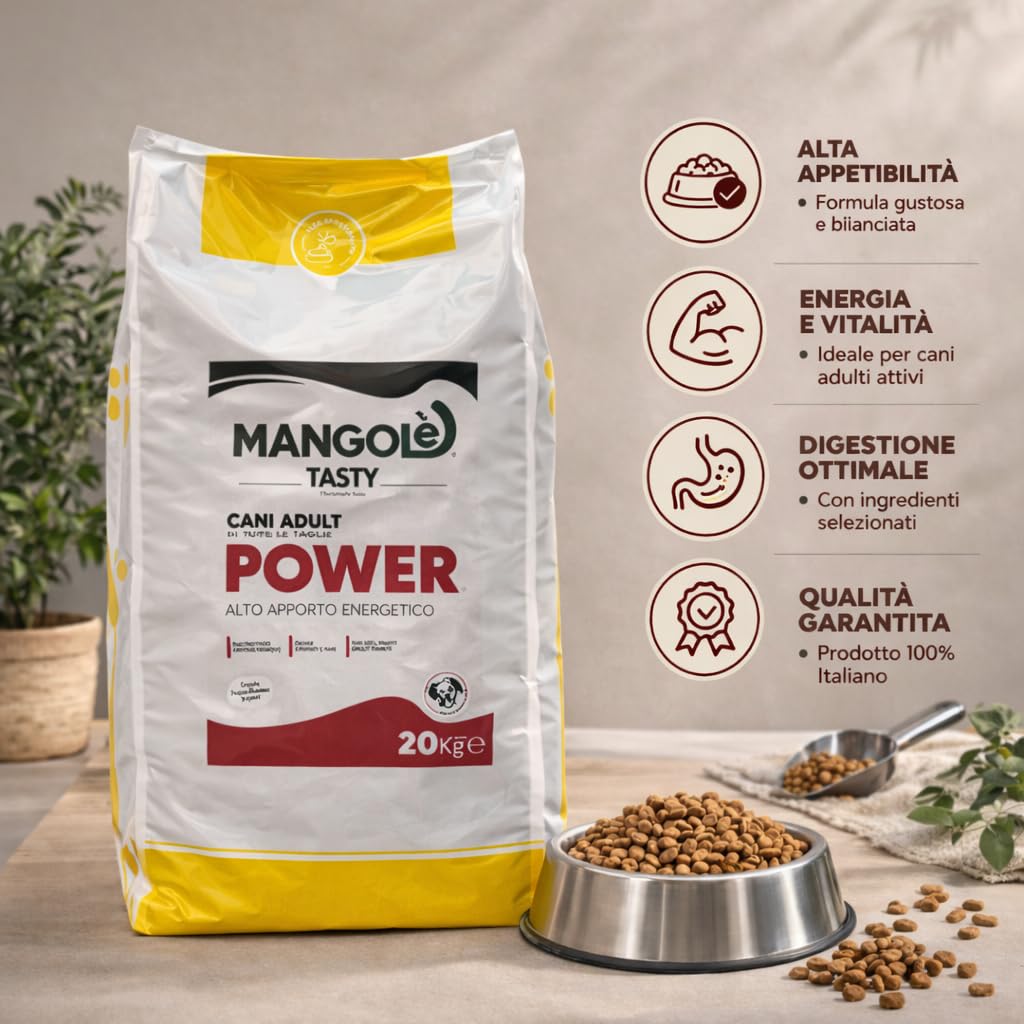Mangolè Tasty Dog Adult Power 20 kg Croccantini per Cani Attivi Alto Contenuto Proteico Alimento Completo Energia Elevata Made in Italy