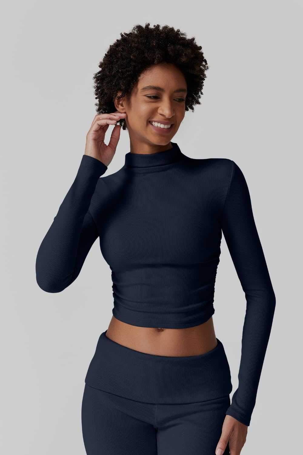 QINSEN Womens 2 Piece Lounge Sets Mock Neck Long Sleeve Tops with Side Ruched Fold Over Flare Pants Comfy Tracksuits - Image 5