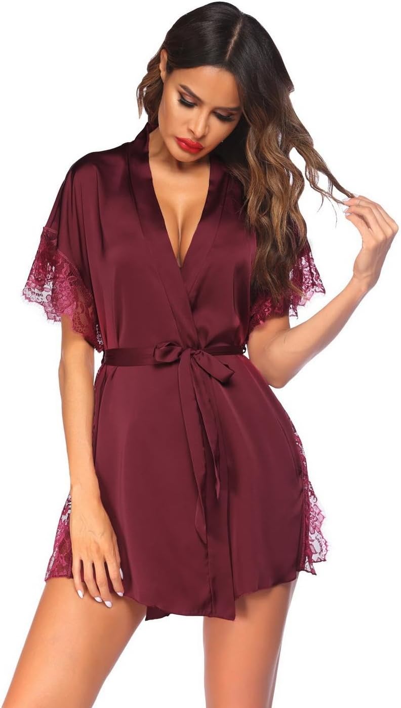 ELESOL Women Lingerie Robe Satin Sleepwear Eyelash Lace Kimono Side Split Sexy Silk Robes Robes