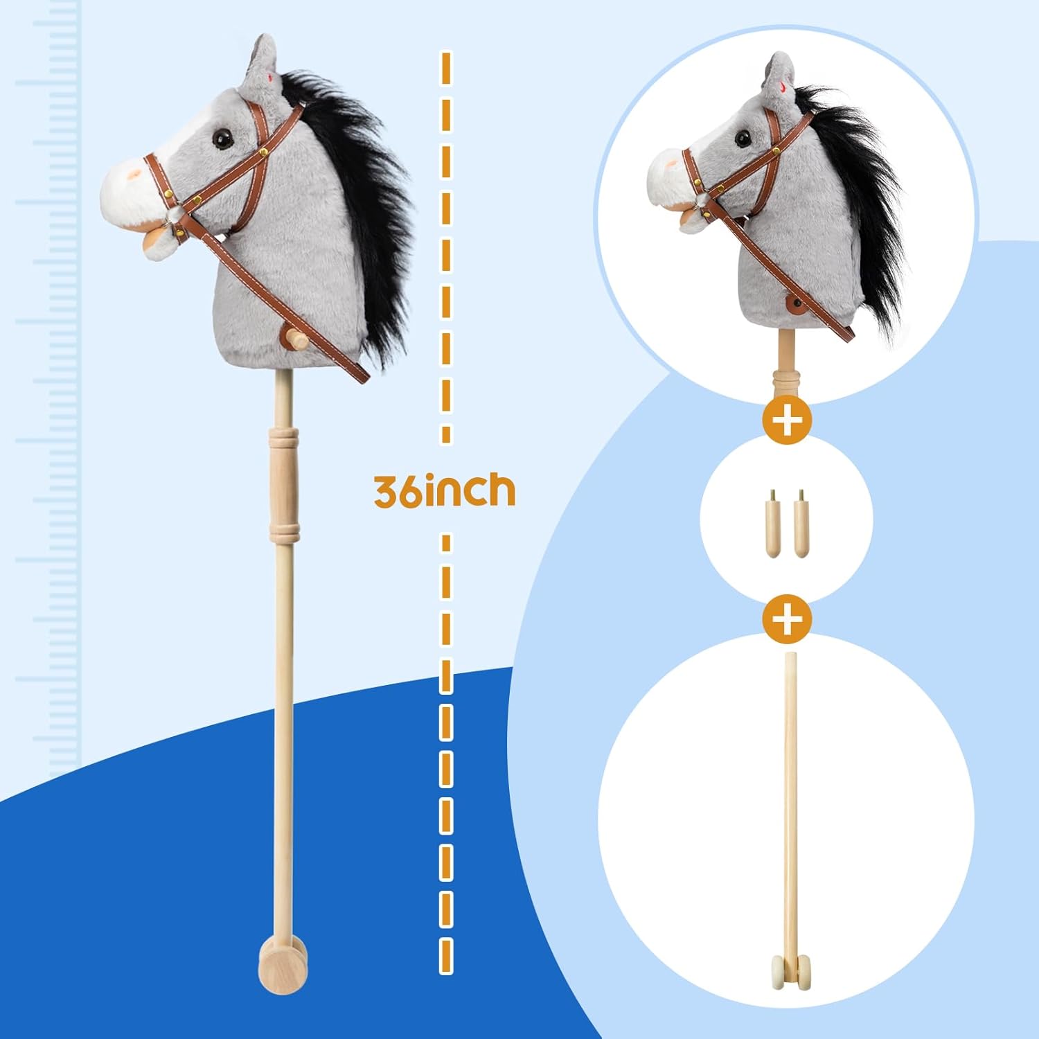 HollyHOME Stick Horse Plush Handcrafted Hobby Horse on a Stick with Wood Wheels Real Pony Neighing and Galloping Sounds for Kids Toddlers Grey 36 Inches(AA Batteries Required)