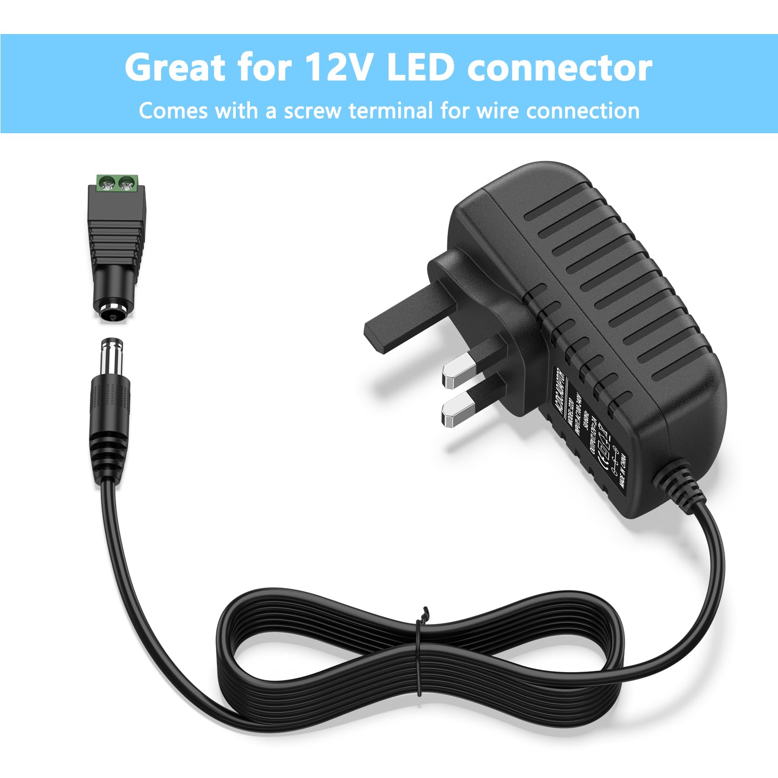 12V 2A Power Supply for LED Strip Lights, 100-240V AC to DC 12V Converter Adapter Driver Transformer, 24W UK Plug with 1.5M Cable, 5.5mm x 2.1mm Jack — view 6