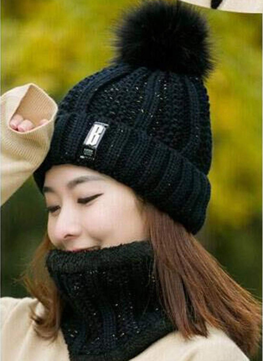 Berretto Caldo Invernale Pallone per Capelli Lavorato a Maglia Caldo da Donna Plus Cappello Invernale da Donna + Sciarpa Berretto da Baseball in Velluto Berretto da Squadra Di Calcio/Black/On