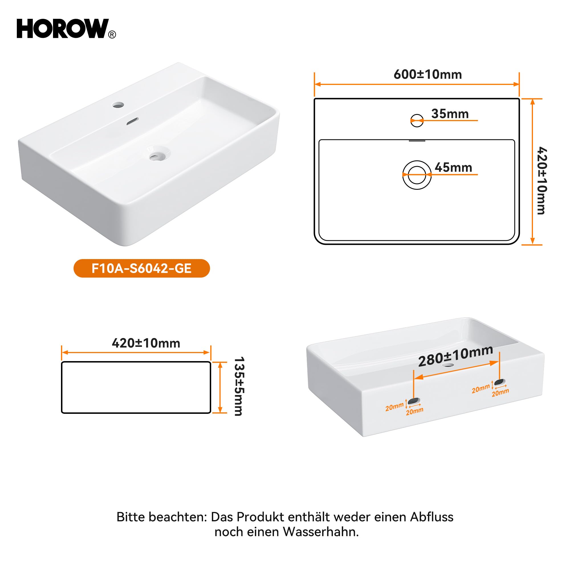 HOROW Lavabo da Appoggio 60 cm Lavandino Bagno Rettangolare Sospeso Moderno, Lavabo Bagno in ceramica con Un Foro per Rubinetto e Troppopieno