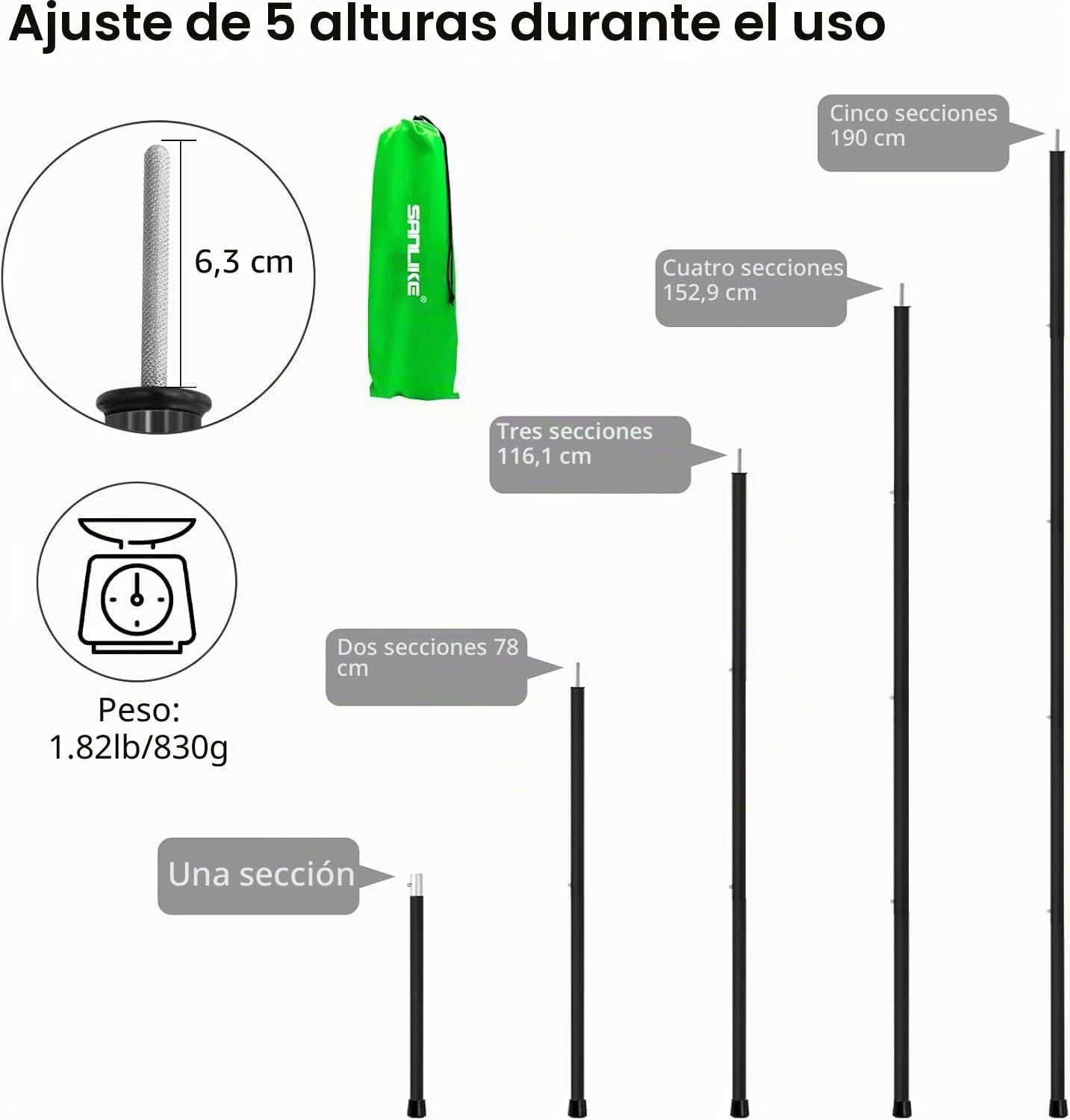SAN LIKE Barra telescópica para Tiendas de campaña, Barras de Aluminio Ajustables para Lonas, reemplazo Ligero, Barras de Apoyo, 190 cm, 1/2 Juegos (5 Secciones)