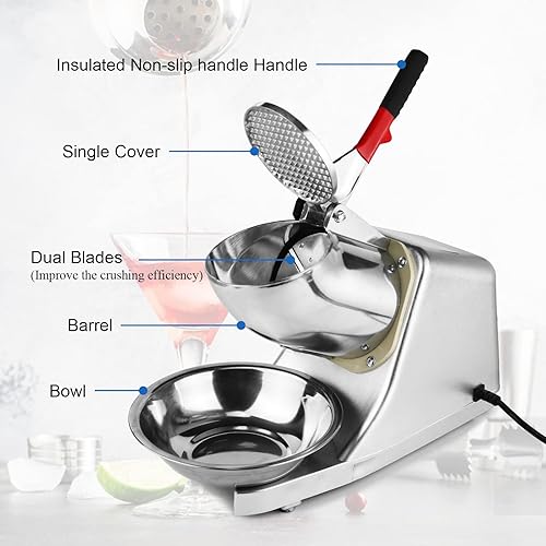 Miniatura 7 de Trituradora de hielo eléctrica, máquina de afeitar de hielo eléctrica de 110 V con cuchillas dobles, cuenco y cubierta, máquina eléctrica de cono de