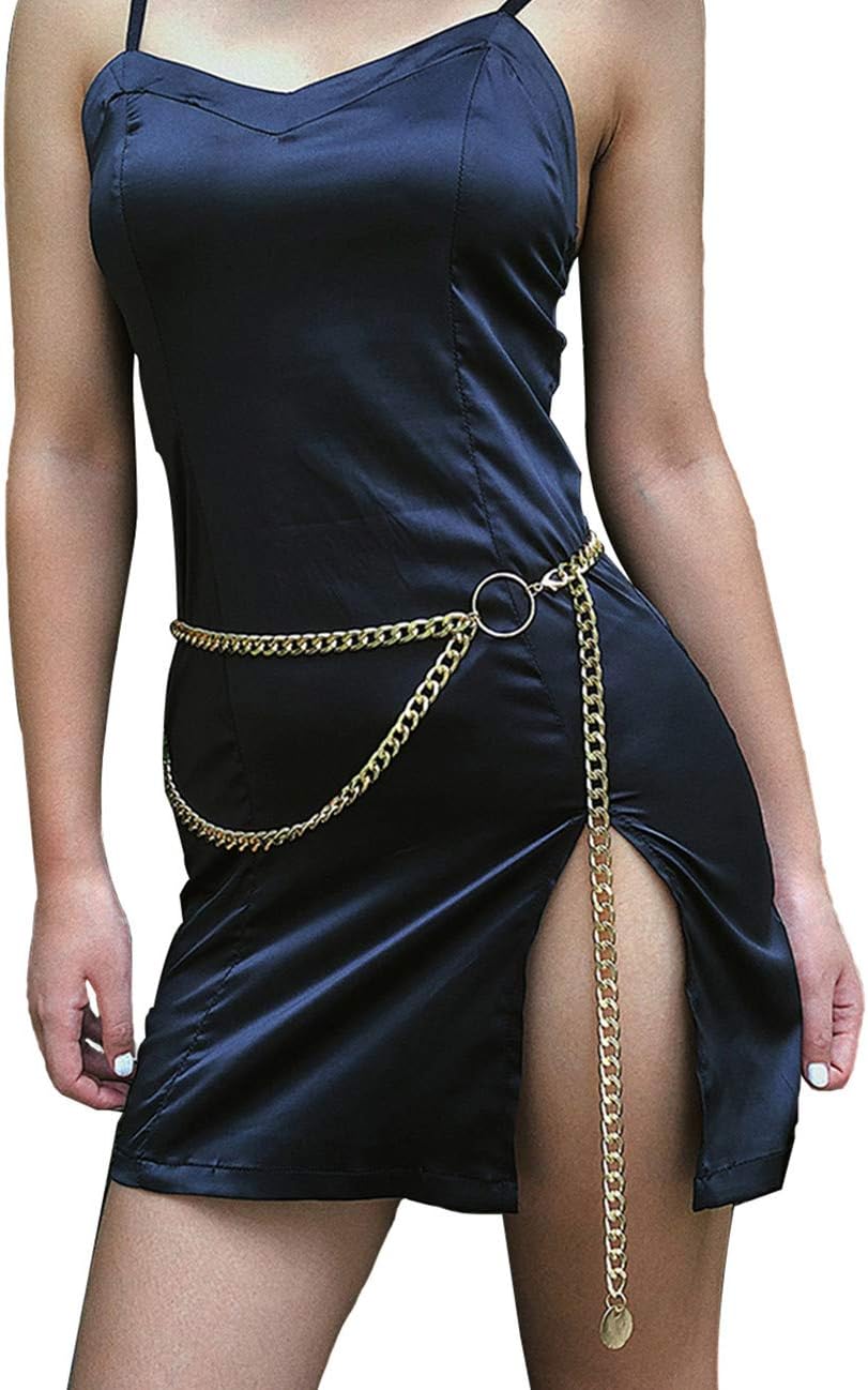 SalirconLayered Waist Chain Belt Gold Metal Chunky Belly Link Lady Big Bling Body Chain