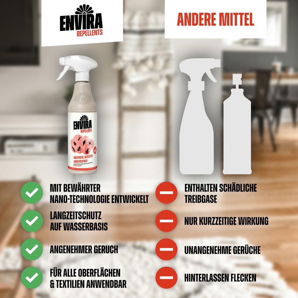 Envira Universal Insekten Abwehrspray 4 x 5 Liter + 2L Sprüher - Spray mit Langzeitwirkung gegen Trauermücken, Silberfische, Lebensmittelmotten & weiteres Ungeziefer - Mittel gegen Insekten