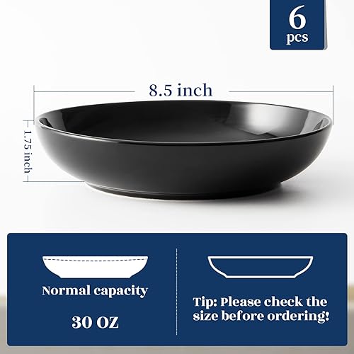 Miniatura 6 de Y YHY Pasta Bowls 30oz, Large Salad Serving Bowls, Shallow Soup Bowls, Porcelain Pasta Bowls Set of 6, Microwave Dishwasher Safe, Black