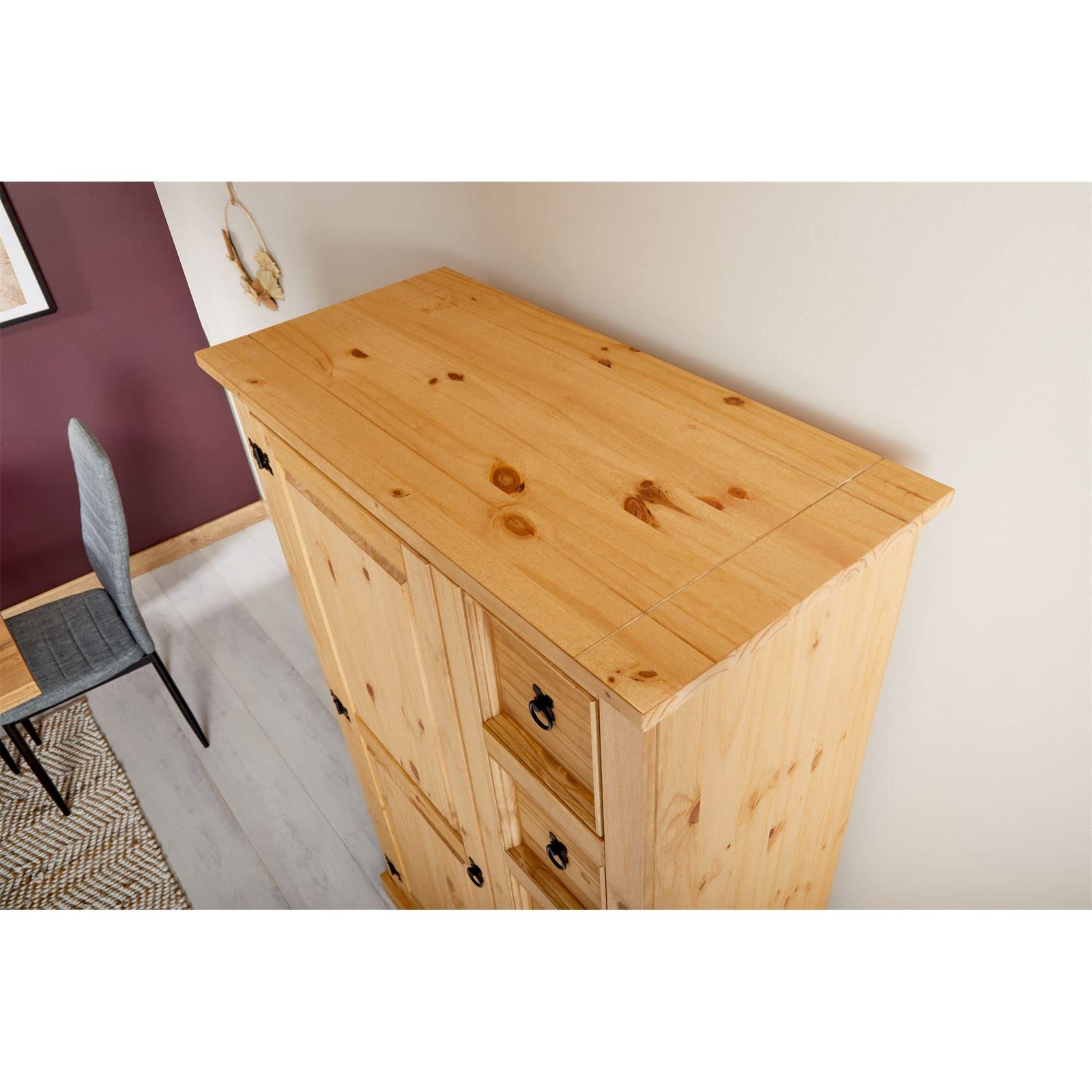 IDIMEX Kommode Tequila 5 Schubladen Natur gebeizt und gewachst. Highboard Kiefernholz massiv 2 verstellbare Einlegeböden Esszimmermöbel Zierbeschläge schwarz. Schubladenschrank Wohnzimmer Küche