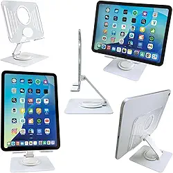 Suporte de Mesa para Tablet com Base Giratória 360° em Acrílico e Alumínio Premium Resistente com Pedestal Ajustável Dobrável e Retrátil Compatível com Tablets Base na Cor Branco