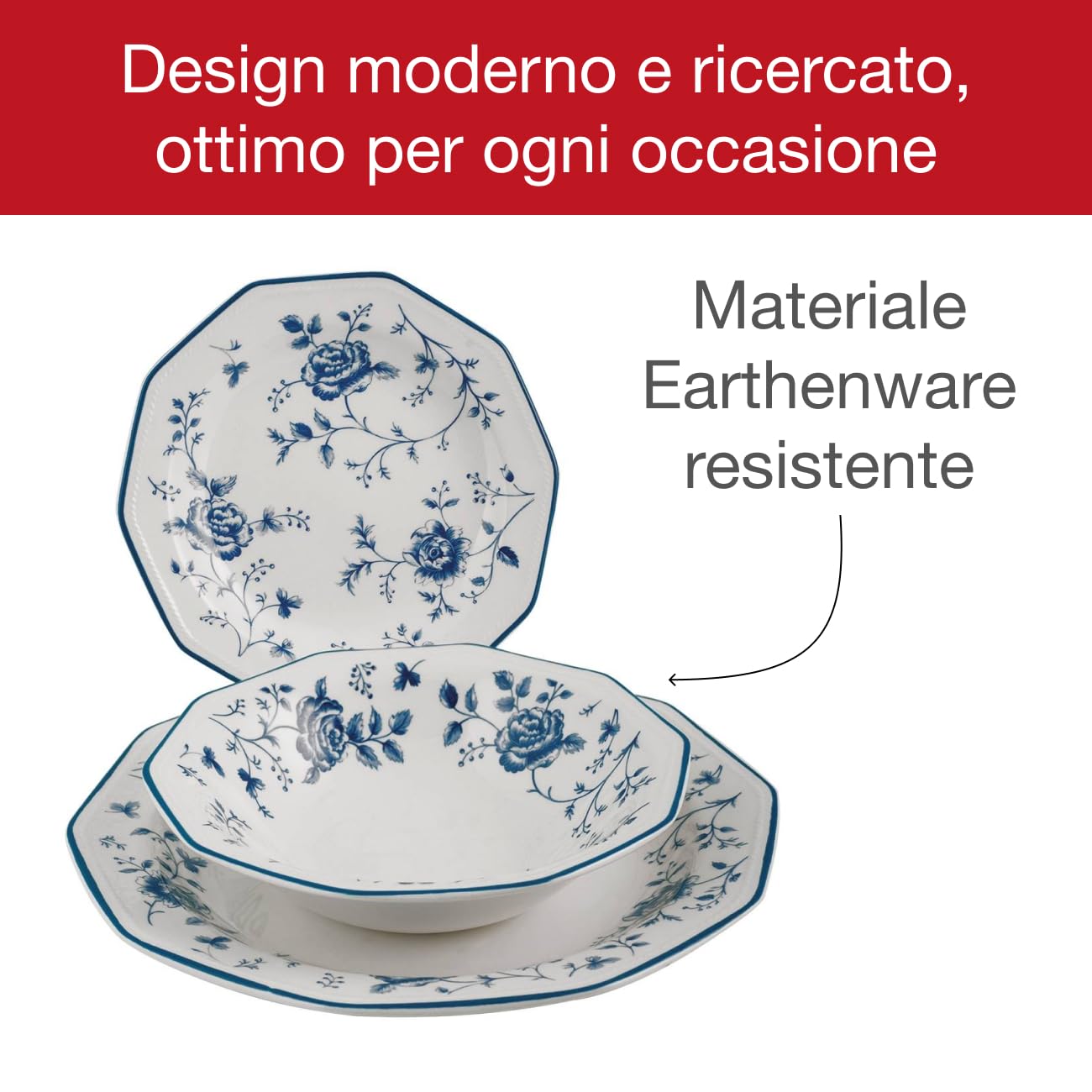 James Sadler&Sons Servizio da Tavola Rose, 18 Pezzi in Earthenware, Bianco/Blu, Lavabile in Lavastoviglie, Stile Inglese