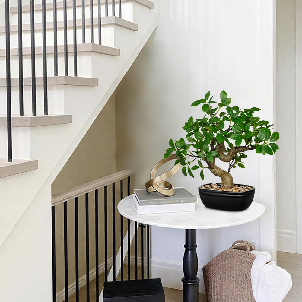 Künstlicher Bonsai-Baum, 32 cm, künstliche Ficus-Pflanze im Keramiktopf mit Kieselsteinen, künstliche grüne Topfpflanze für Zuhause, Büro, Schreibtisch, Dekoration, Innenbereich, Zen-Tischdekoration
