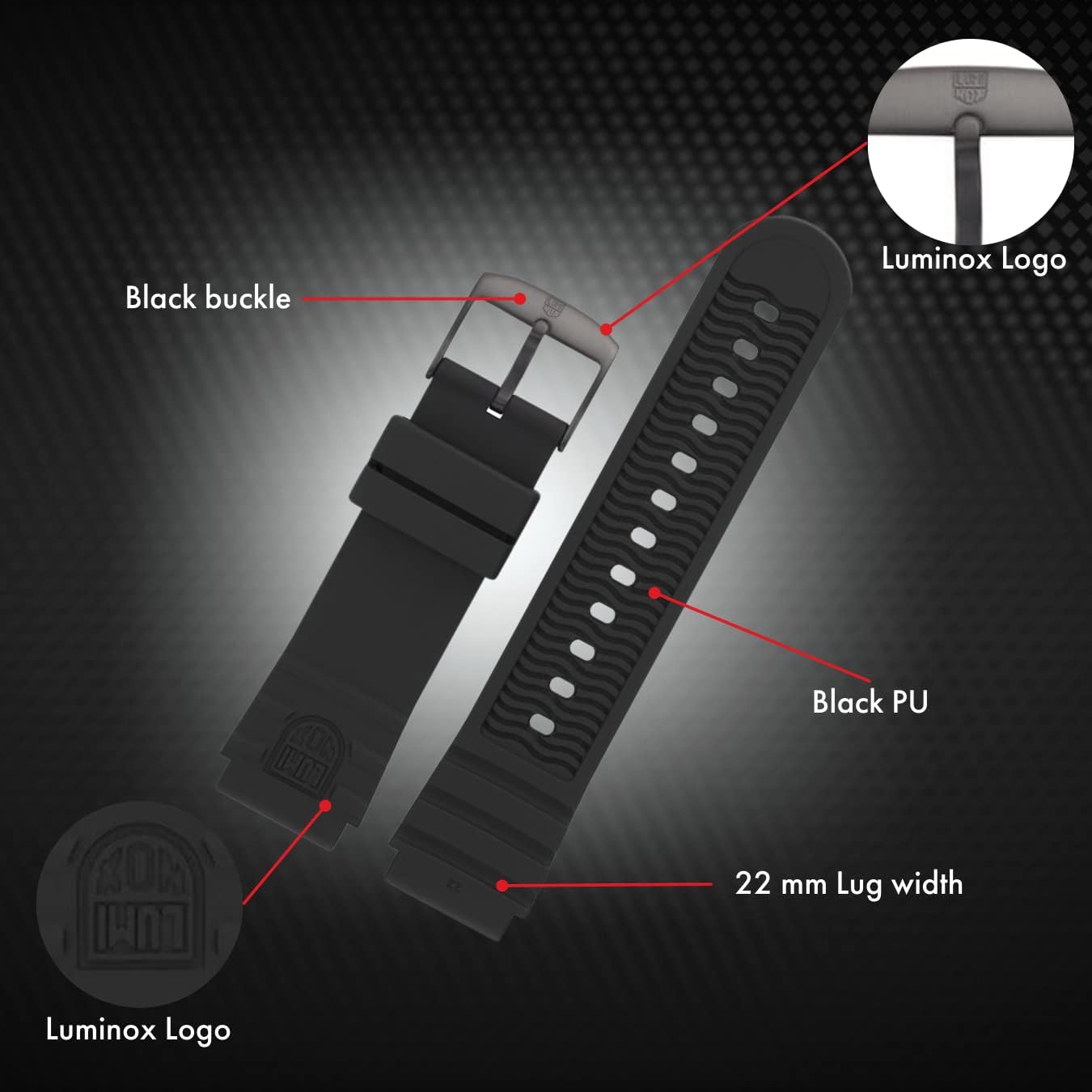 Luminox - Watch Strap FPX.2201.20B.1.K - 22mm Black PU Watch Band with Stainless Steel Buckle - Watch Straps for Men for 0320 0321 0325 - Replacement Watchbands for Mens Watches, Black, 22mmm, strap