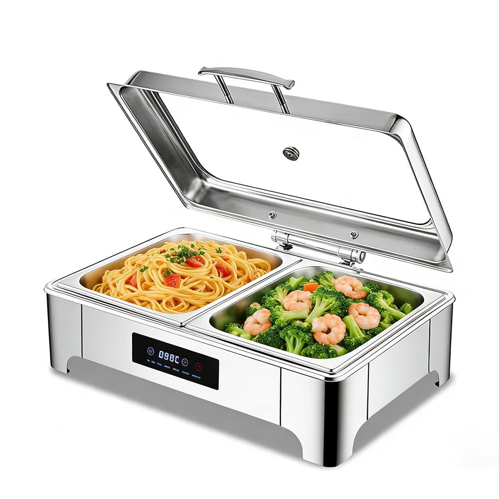Juego de bandejas de calentamiento de buffet de 400 W con tapas hidráulicas, diseño sensible al tacto, acero inoxidable, para fiestas y servicios de catering