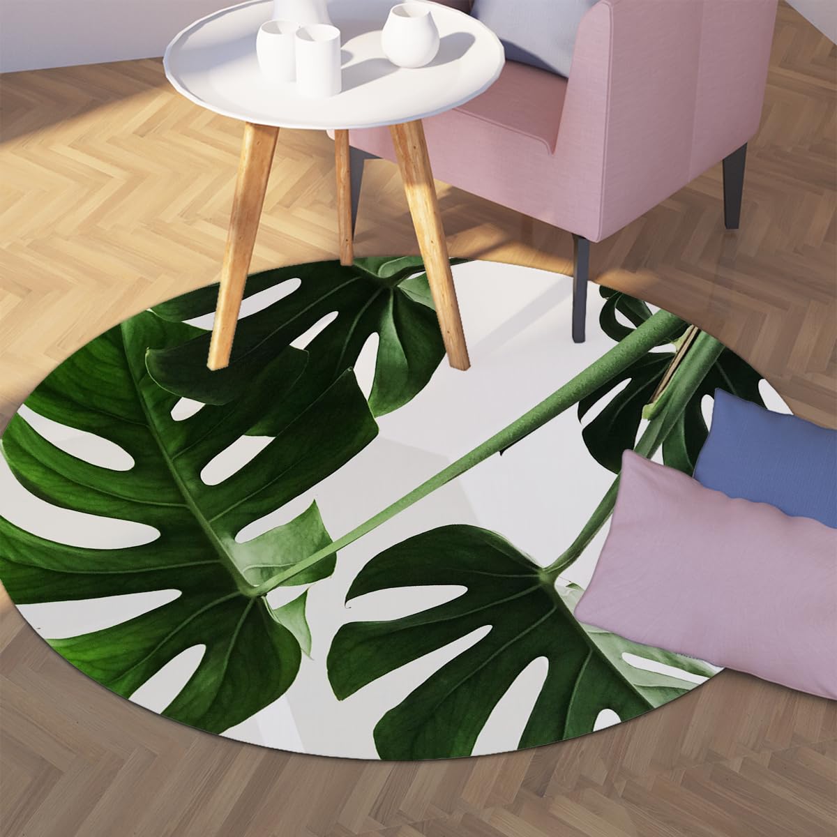 Minimalistische runde Teppiche 120cm - grüner Monstera Blattmuster kreisförmiger Teppich faltbar weich rutschfest für Veranda Gästetoilette Bibliothek Sofa