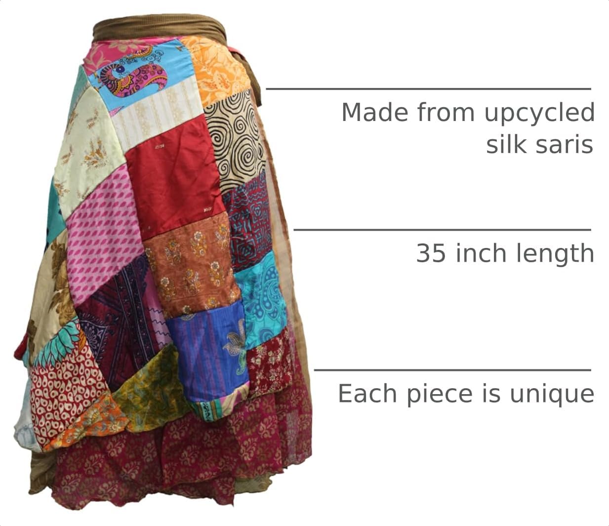 Mango Gifts Handmade Vintage Silk Sari Wrap Around Skirt for Women, Boho Patchwork Maxi Skirt, Adjustable,One Size Multi