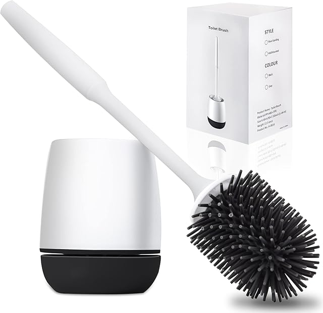 Hulameda Toilet Brush and Holder, Silicone Toilet Cleaning Brush with Quick Drying Holder, 4 x 5.5 Inches, Black & White, (Flooring/Mounted Wall)