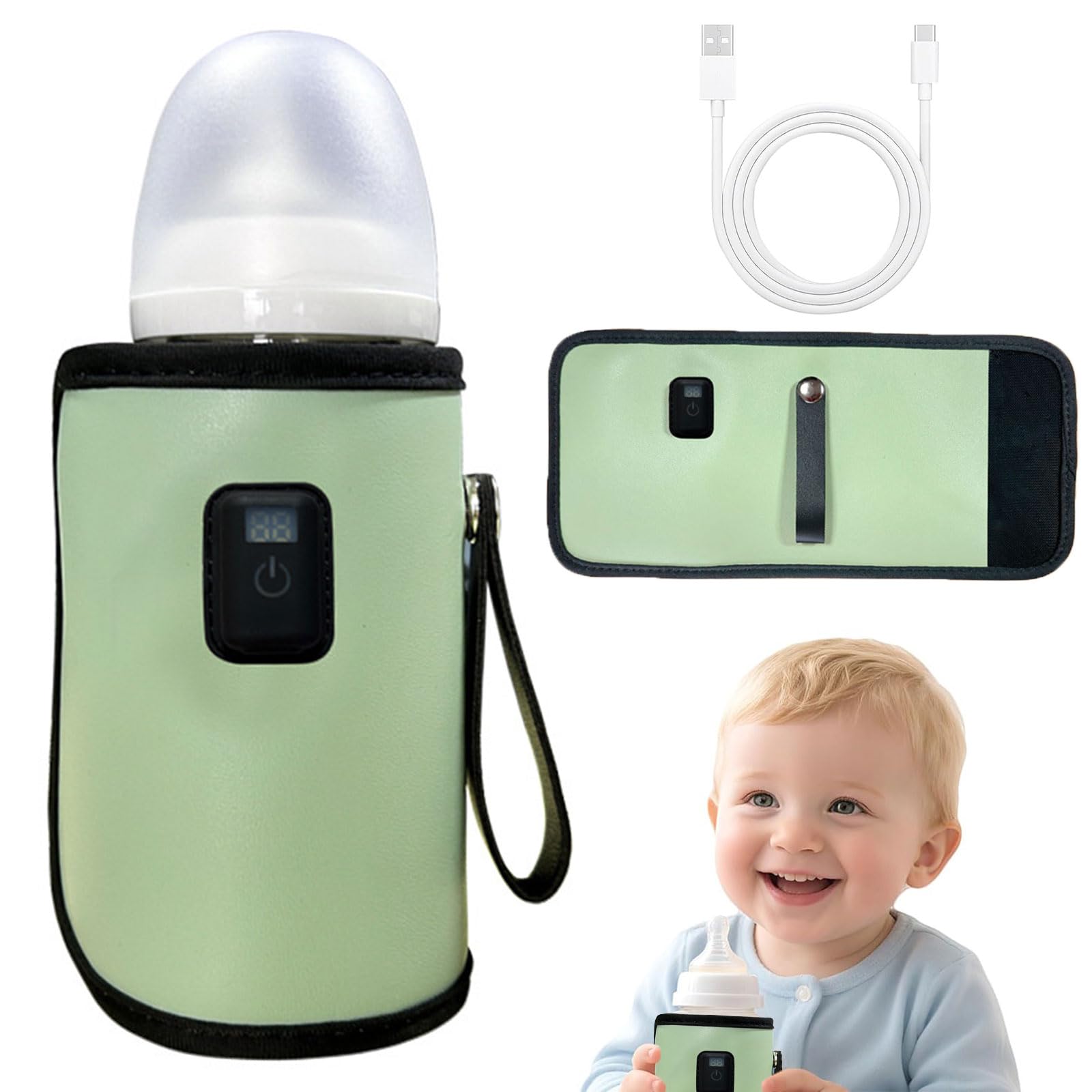 Flaschenwärmer Baby Unterwegs Tragbarer Flaschenwärmer Unterwegs mit LCD-Display USB-Ladung Babyflaschenwärmer 7 Einstellbare Temperatur 38-56℃ Tragbarer Bottle Warmer für Reisen und Picknick (Grün)