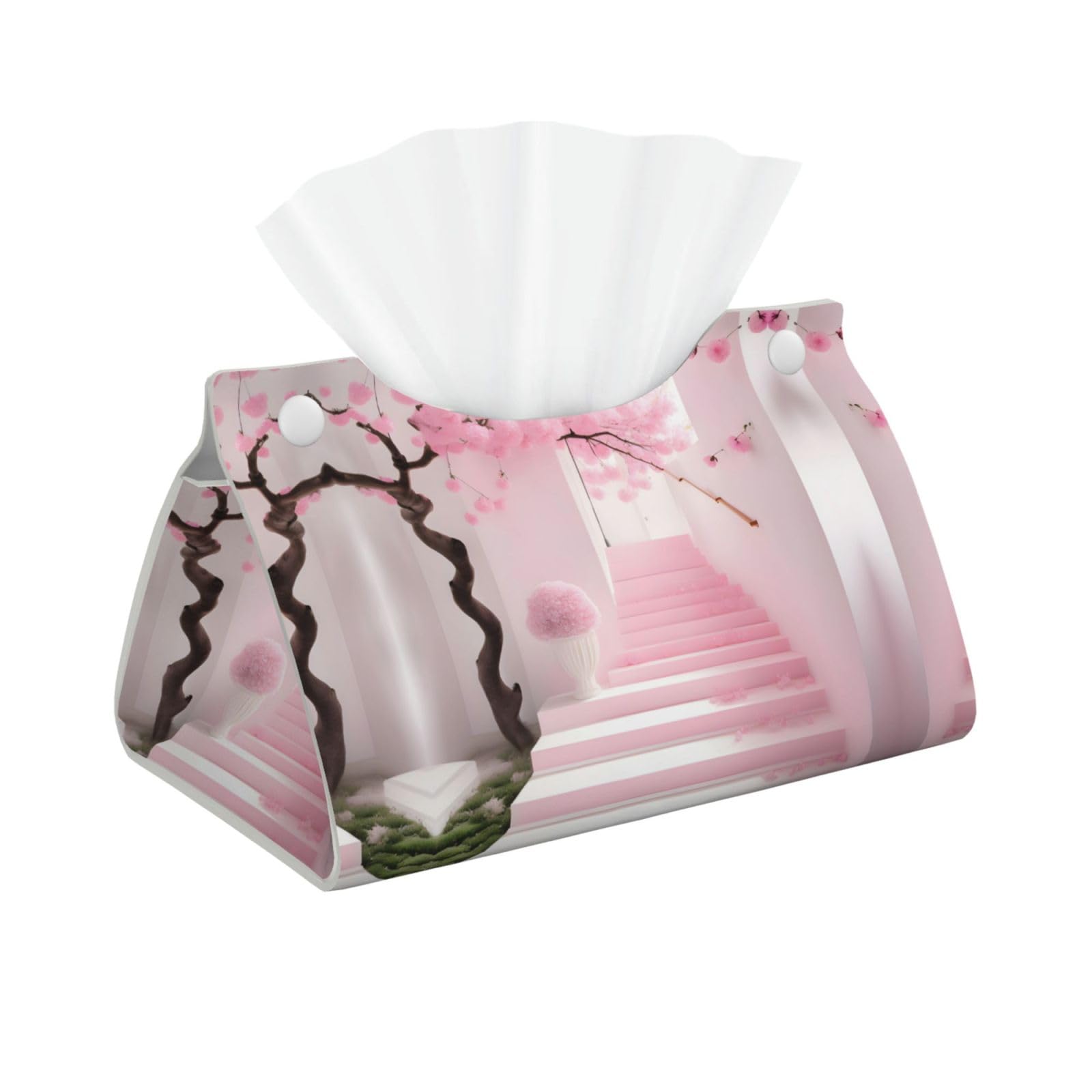 Pink Cherry Blossom Staircase Print Long Tissue Box Cover Holder Foldable Leather Organizer for Vanity, Nightstand, Desk & Bathroom