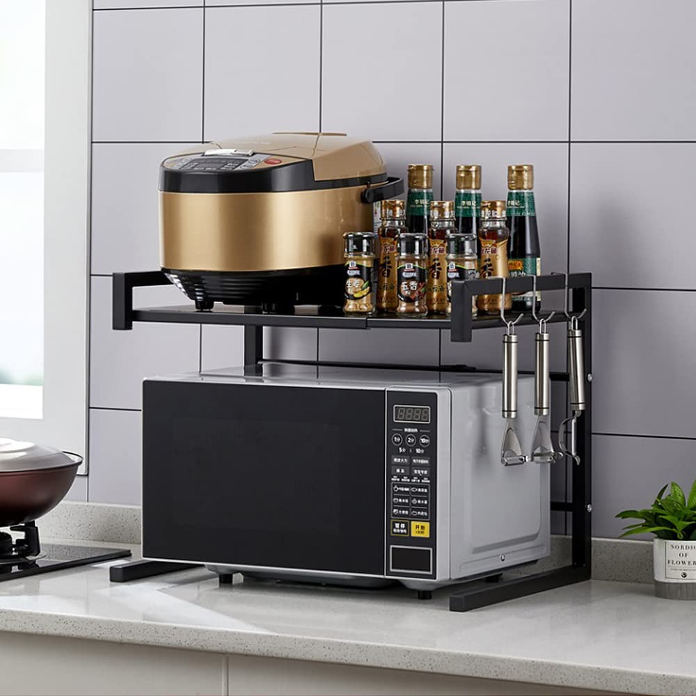 KEVO Support Extensible pour Four à Micro-Ondes à Charge Lourde, Support d'étagère de Cuisine à Hauteur Meuble réglable avec 4 Crochets Suspendus Organisateur de Rangement (Noir-1PC)