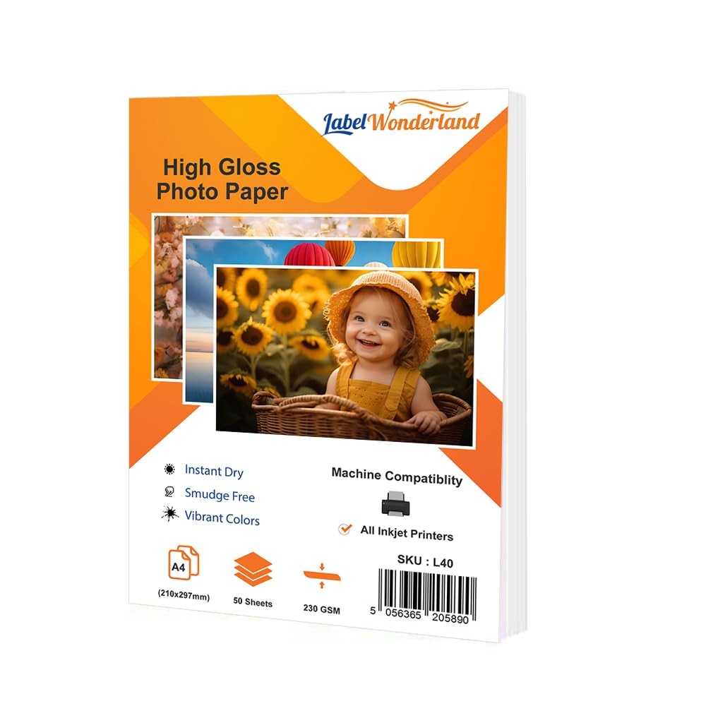 Labelwonderland Photo Paper A4 Glossy 230 GSM Pack of 50 Sheets A4 Photo Paper Glossy A4 Glossy Photo Paper