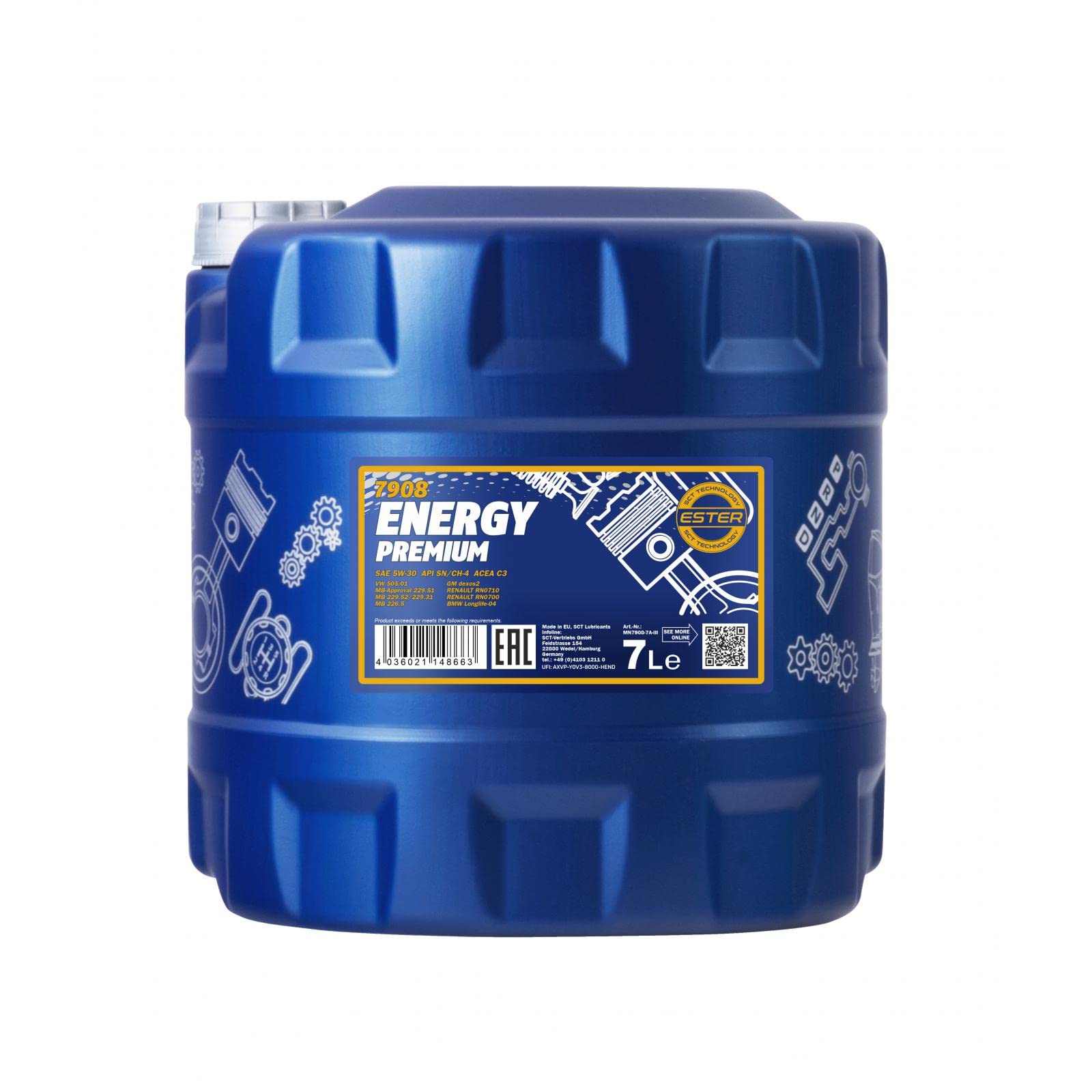 MANNOL Aceite de motor 5W-30 Energy Premium ACEA C3 ACEA C2 API SP-RC SQ 7L Compatible con VW Polo V Hatchback 6R1, 6C1 up! Hatchback 121, 122, BL1, BL2, BL3, 123 Golf 7 Hatchback 5G1, BQ1, BE1, BE2