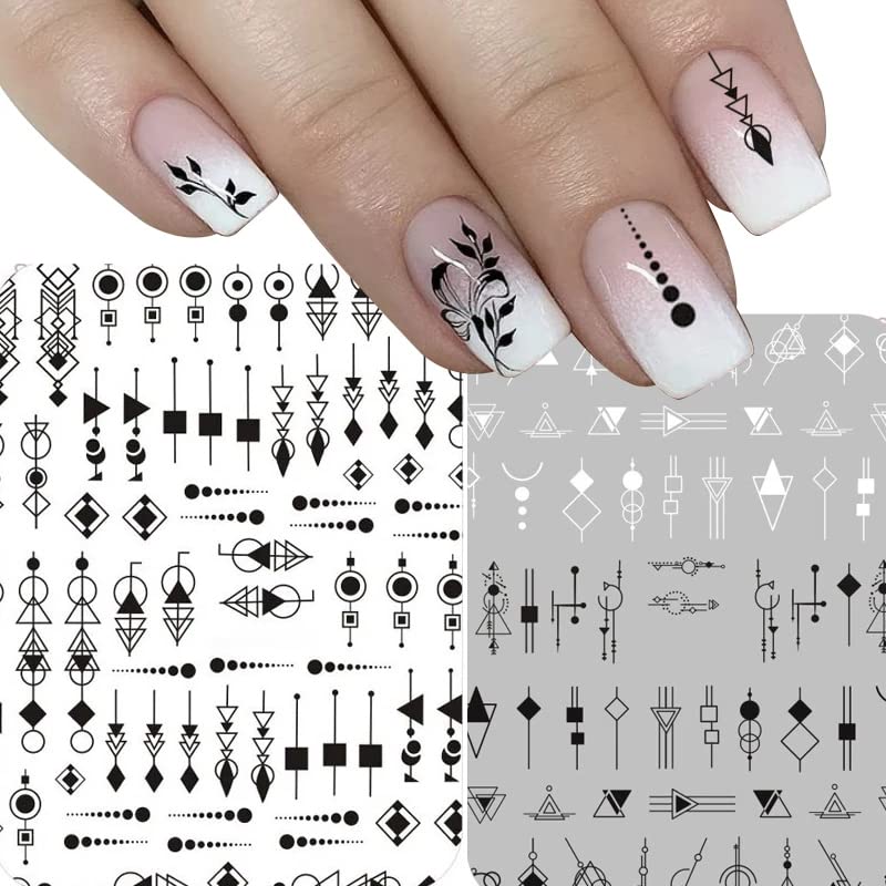 Black White Nail Art Stickers Decals Geometric 3D Nail Stickers 6Sheets Geometry Heart Cool English Letter French Designs Manicure Adhesive Transfer Decals for Acrylic Nails DIY Nail Decoration
