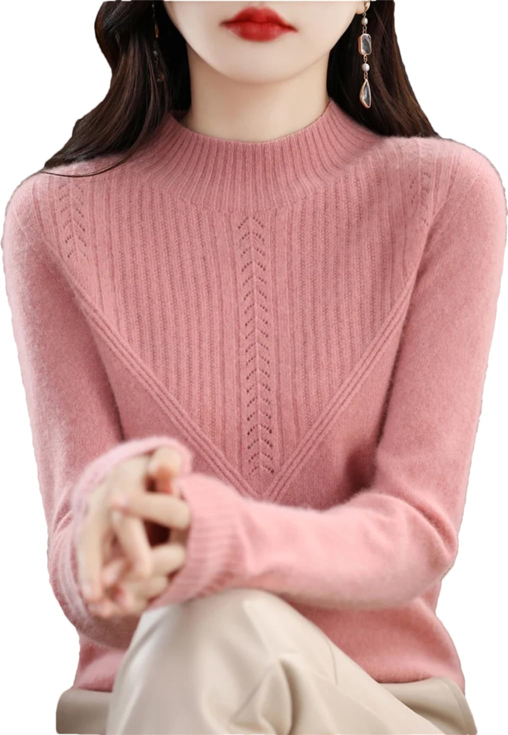 Pull en Laine Et Cachemire pour Femmes, 100%, Col Mi-Haut, Motif Creux, sans Couture, Haut Tricoté