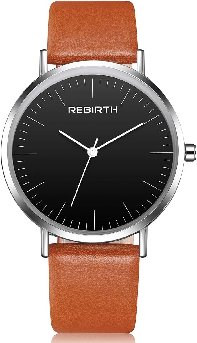 CARLIEN Men Simple Ultra-Thin Watches Business Analog Black Quartz Watches with Leather Strap (Orange)