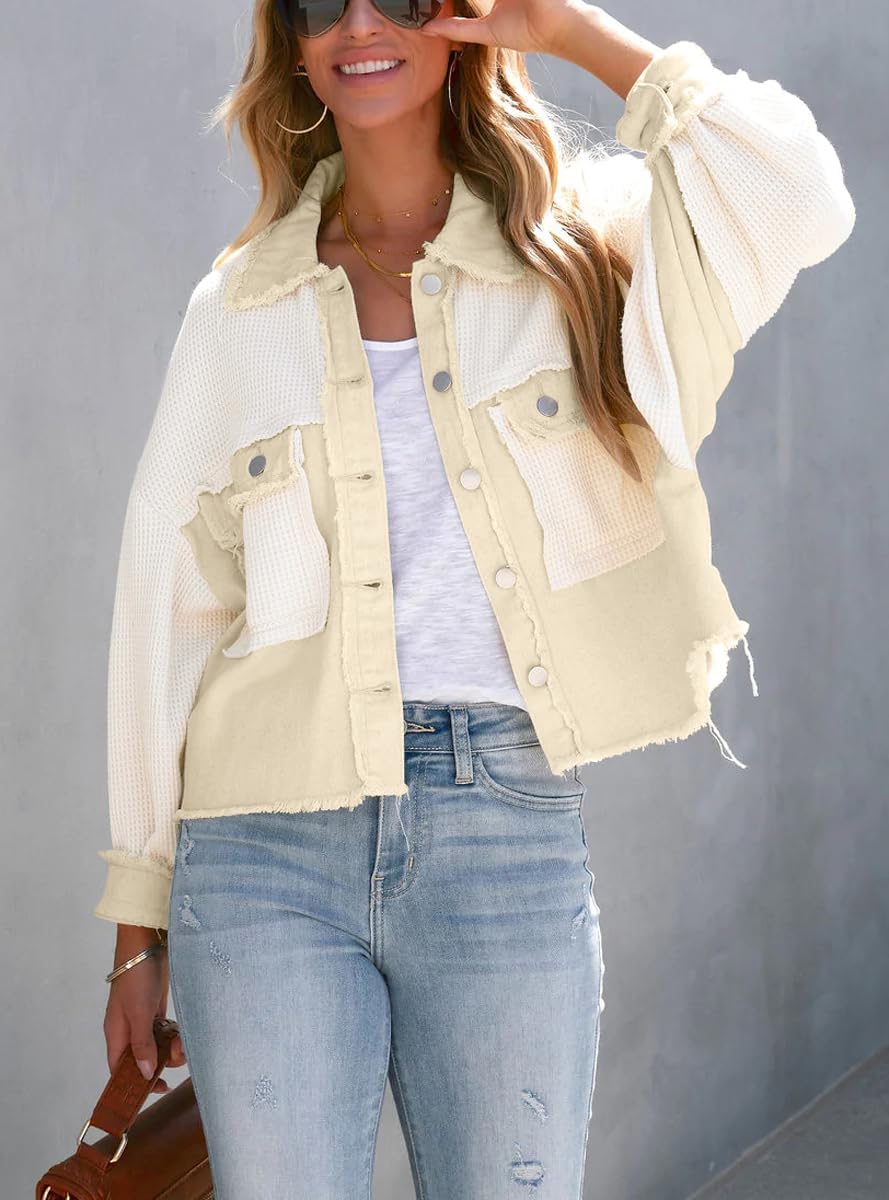 chouyatou Women's Cropped Waffle Knit Jacket Boyfriend Button Down Shirt Shacket Tops - Image 3
