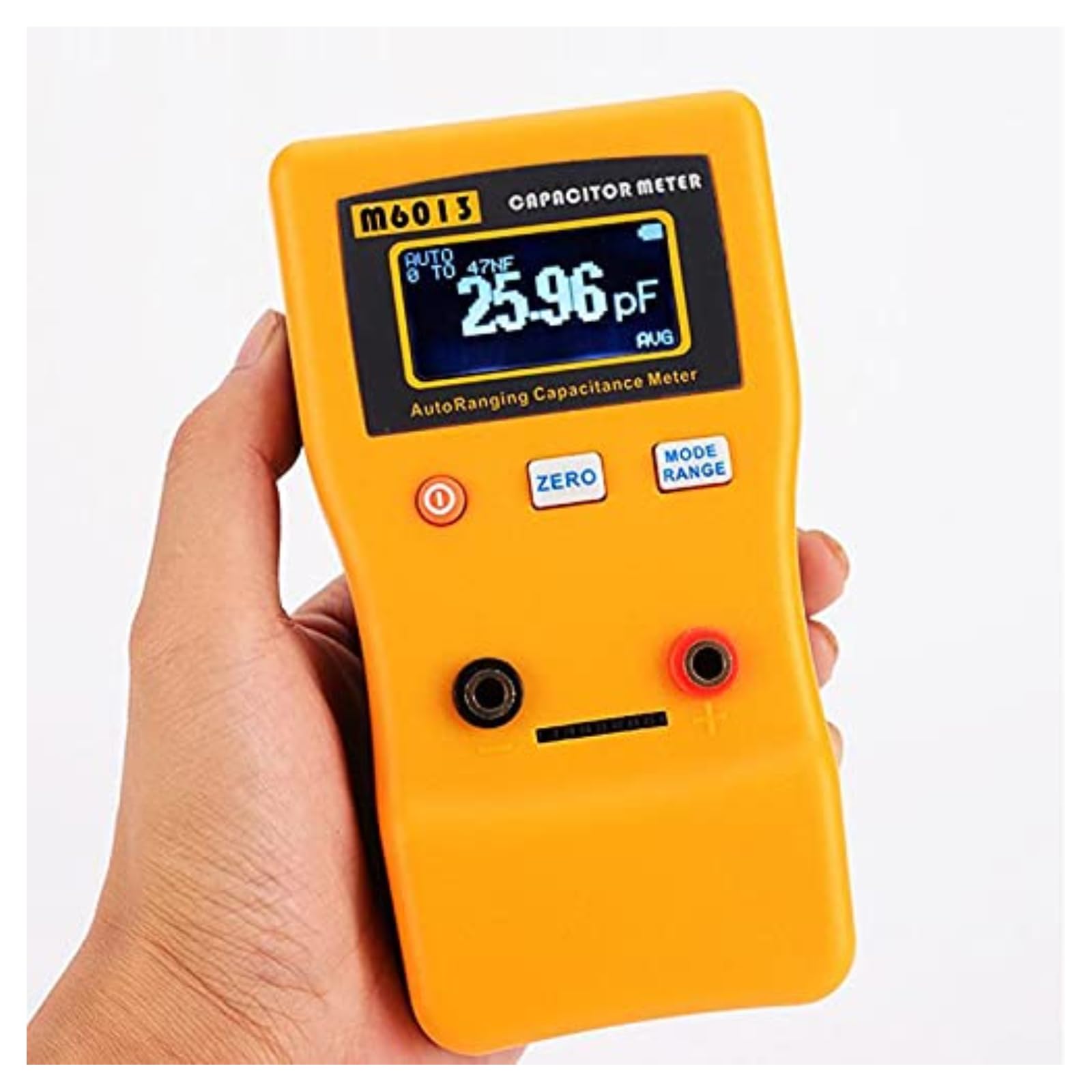 Digital Kapazitätsmessgerät, 0.01pf Bis 470mf Kondensator Messgerät Kapazitätsmesser, M6013 Auto-Ranging Capacitance Meter Capacitor Tester Mit 2 Testclips und Halterung für Gerätefehlerprüfung