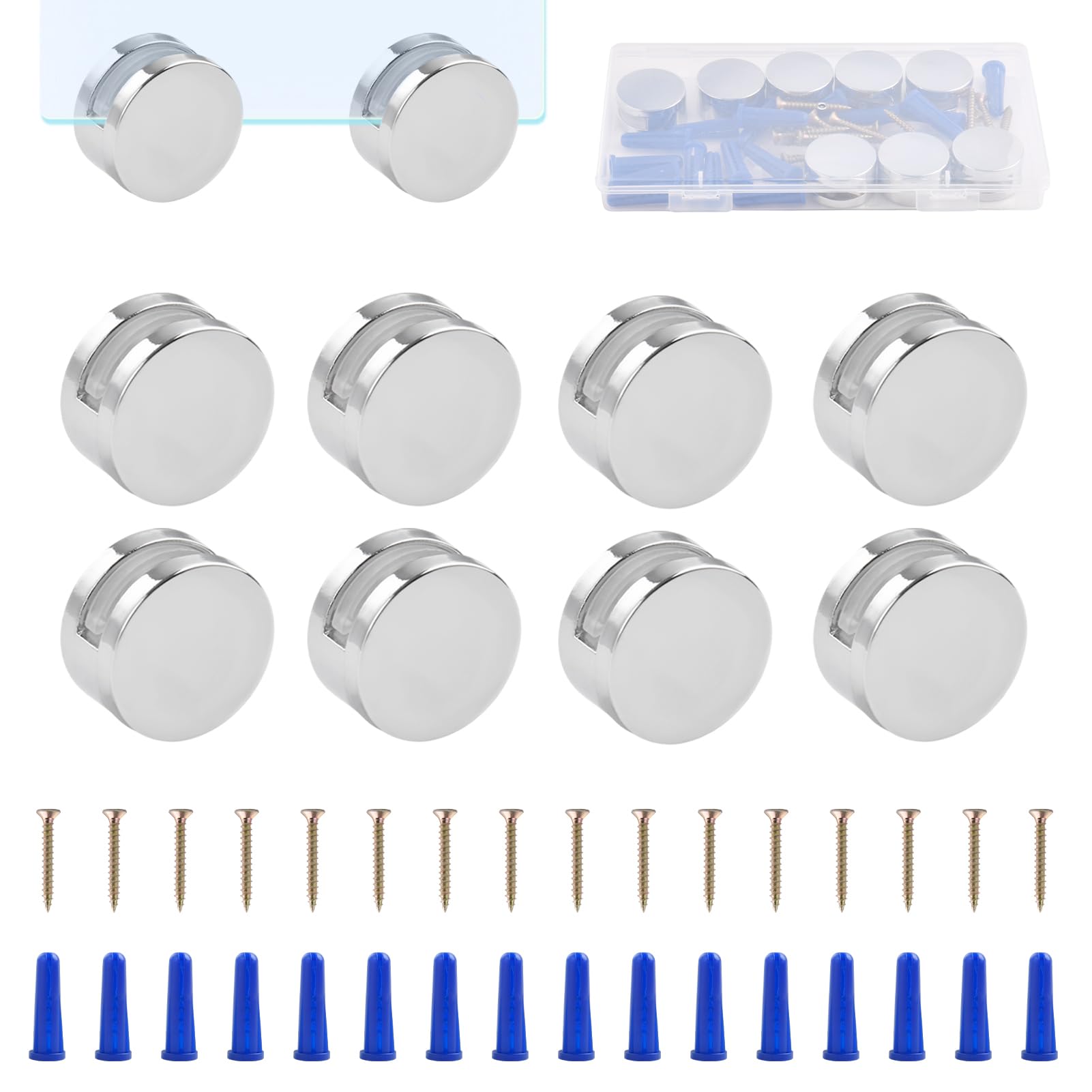 LEONTOOL 3-5mm Frameless Mirror Mounting Hardware 8 Pack Mirror Clips Round Shape Wall-Mounted Glass Clips Clamps Holder with Screws, Anchors and Gasket, Bathroom Mirrors Supporting Sheet