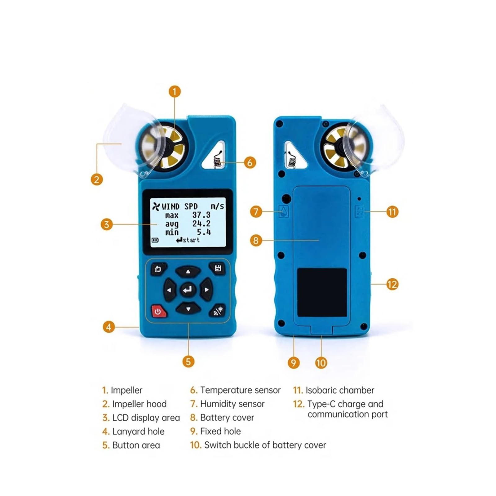 Anemómetro digital con memoria de 8000 Aata, 7 modos de medición y control remoto de temperatura y humedad.