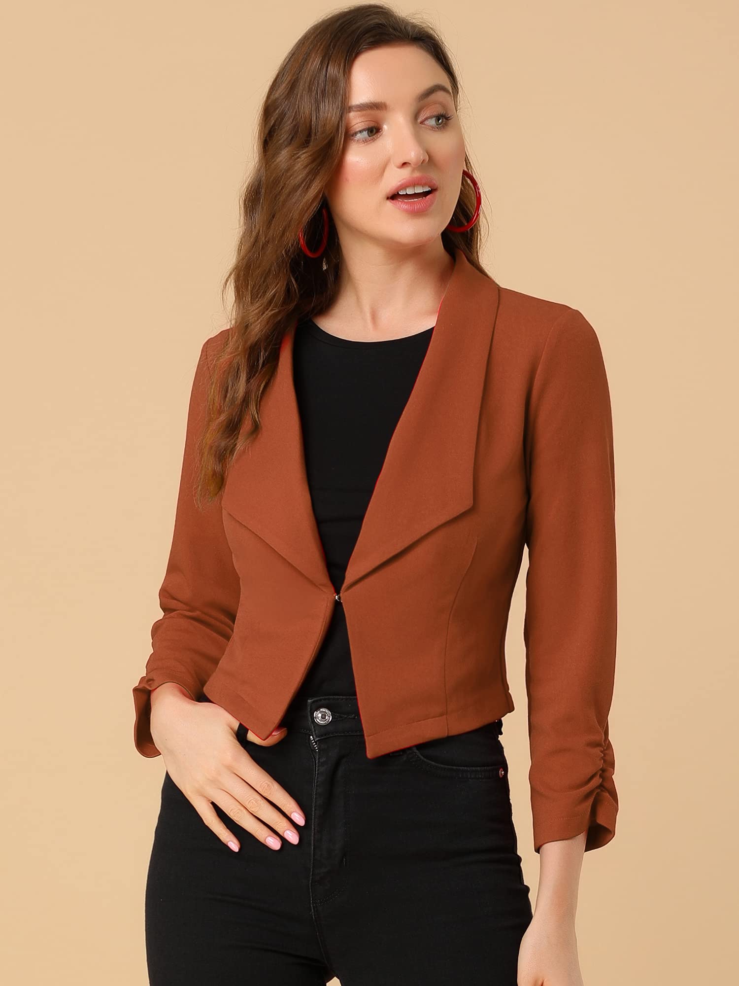Allegra K Damen Tweed Blazer Kurz Langarm Umlegekragen Geraffte Ärmel Offen Crop Jacke