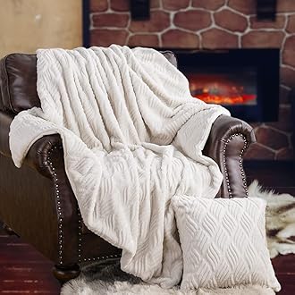 BATTILO HOMELuxury Cream Faux Rabbit Fur Throw Blanket 127x152cm with 1 Piece Pillow Cover 45x45cm, Cozy Fluffy Plush Blanket for Sofa Couch Bed Living Room Home Decor