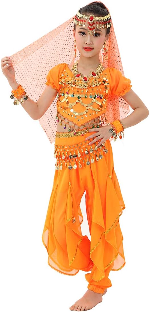 MagogoGirls Belly Dance Costume Shiny Carnival Outfit Party Fancy Dress, Kids Arabian Princess Clothes Cosplay Dancewear