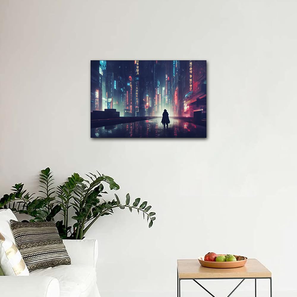 TISHIRON Kitchen Wall Art for Living Room Cyberpunk City Paintings Future Oriental Style City Canvas Artwork Abstract Cyberpunk Picture House Decor Framed Posters Prints Ready to Hang Gift 24x16 in - Image 3