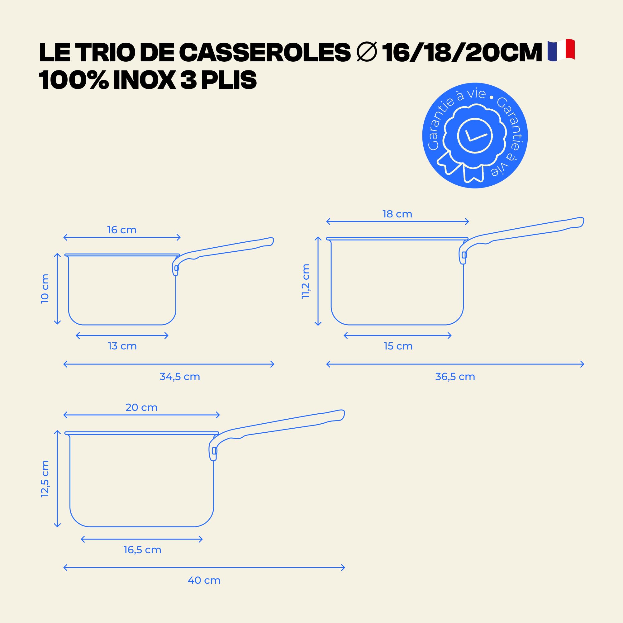 Atma – Lot de 3 Casseroles Inox 3 Plis avec Couvercles (16, 18, 20 cm) – Cuisson Homogène – Sans PFAS, PFOA, PTFE – Graduation, Bords Verseurs – Tous Feux Dont Induction – Fabriqué en France