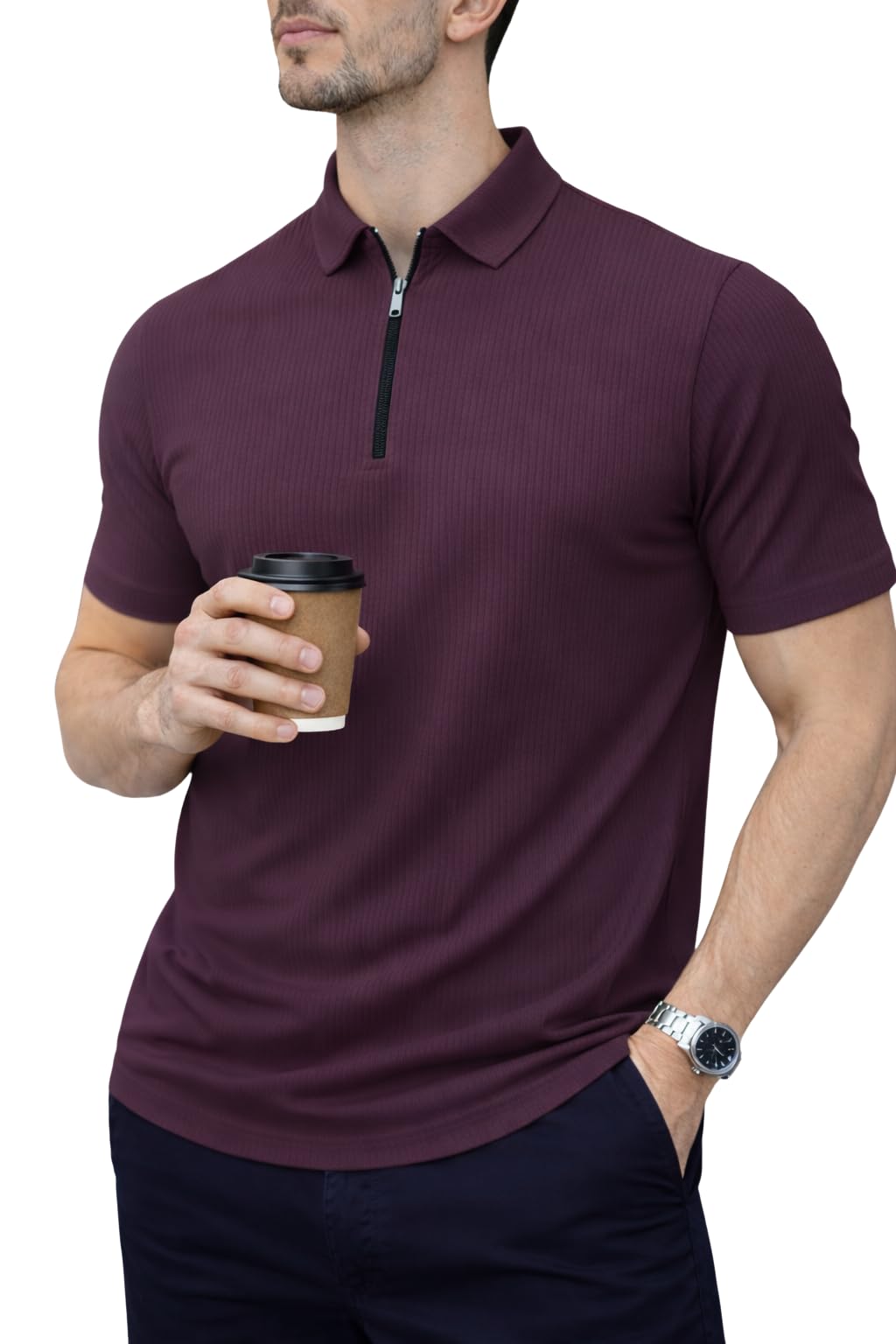 mack jonney Men Ribbed Polo T-Shirt | Regular Fit | Half Sleeve | Zip Collar Casual T-Shirt-MJ-94-picture-45