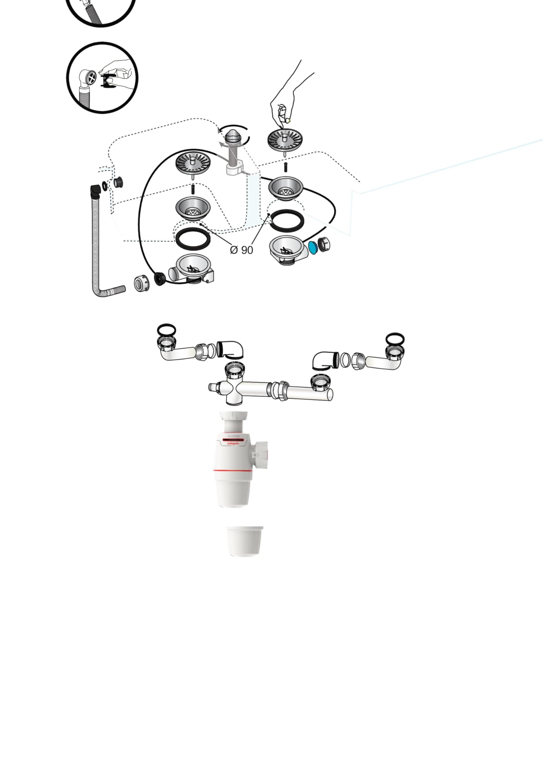 Wirquin 30724378 Ensemble bonde siphon Néo Air blanc évier 2 bacs avec anti-vide intégré, réglable, compact, zéro fuite
